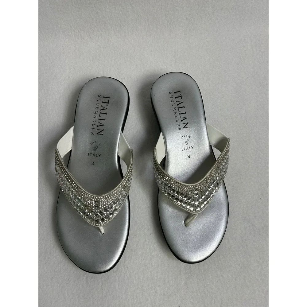 Glam Italian Shoemakers Womens 8 Silver Rhinestone Crystal Wedge Thong Sandals